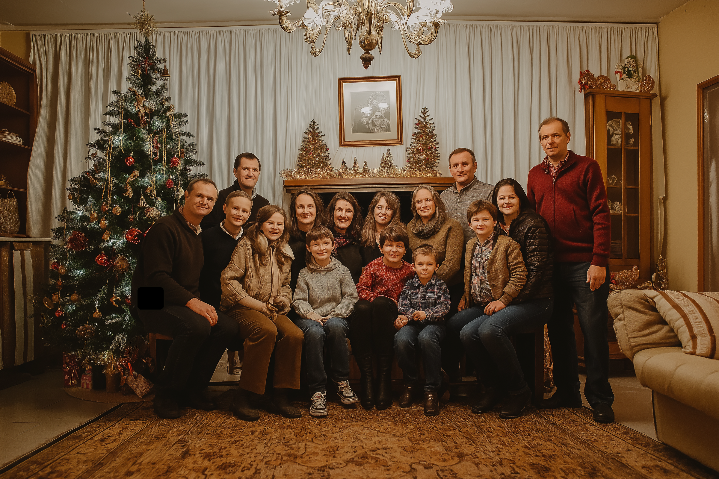 Die Familie posiert für ein Foto vor dem Kamin und dem Weihnachtsbaum | Quelle: Midjourney