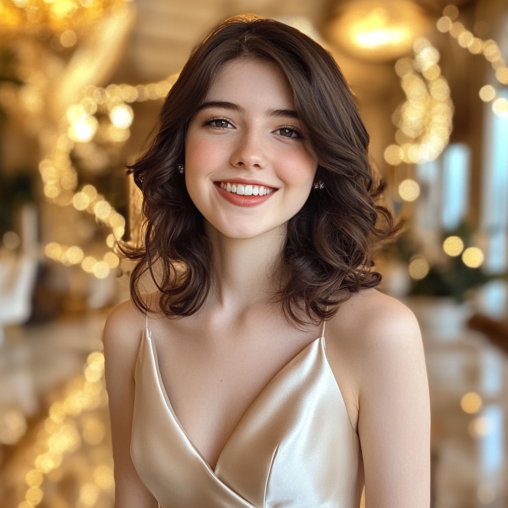 Ein lächelndes Teenagermädchen in einem champagnerfarbenen Kleid | Quelle: Midjourney