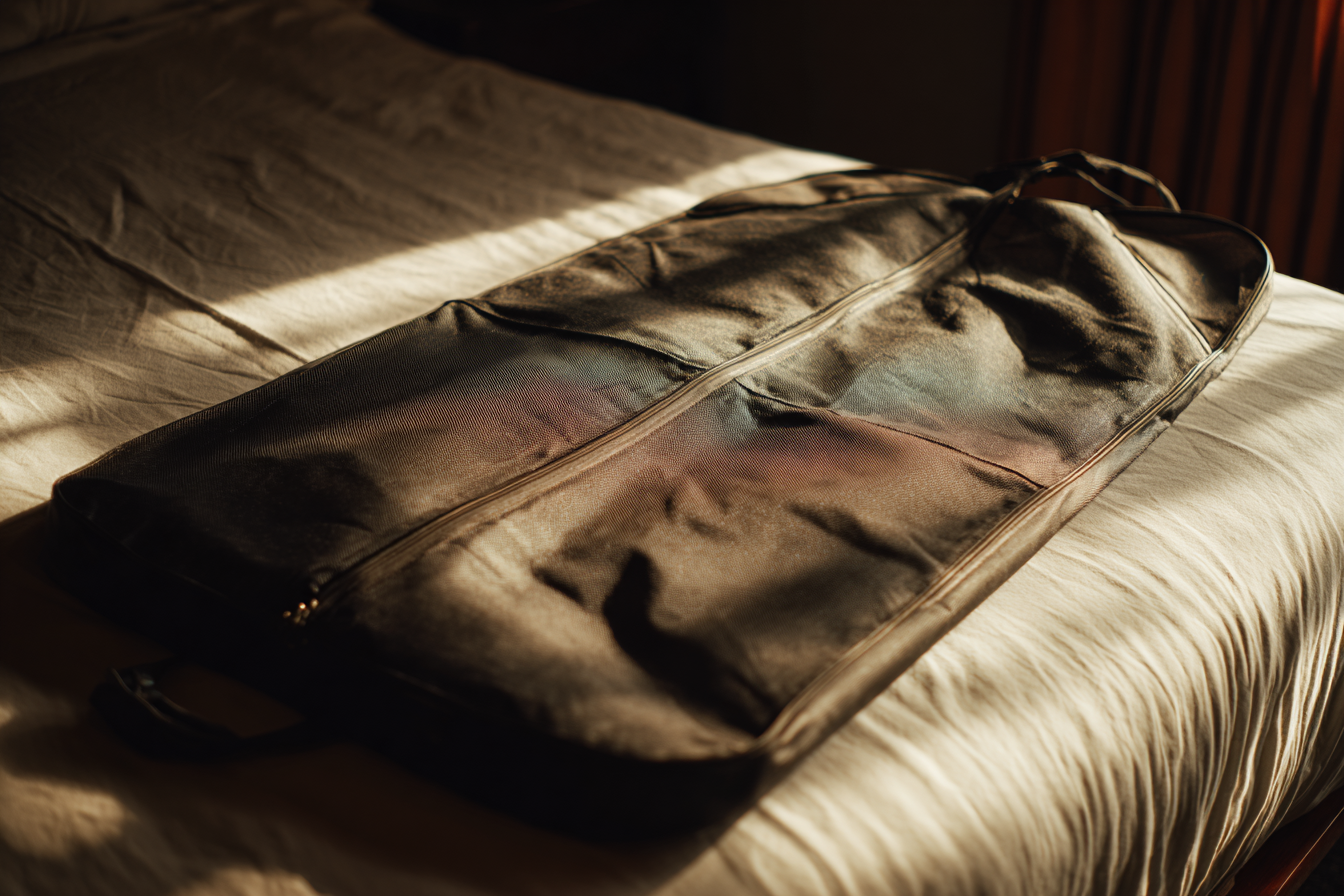 Ein schwarzer Kleidersack auf einem Bett | Quelle: Midjourney