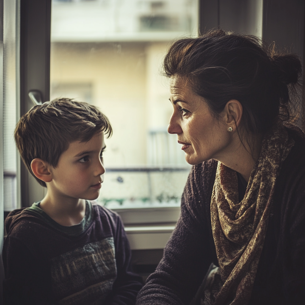 Eine besorgte Lehrerin spricht sanft zu einem kleinen Jungen | Quelle: Midjourney