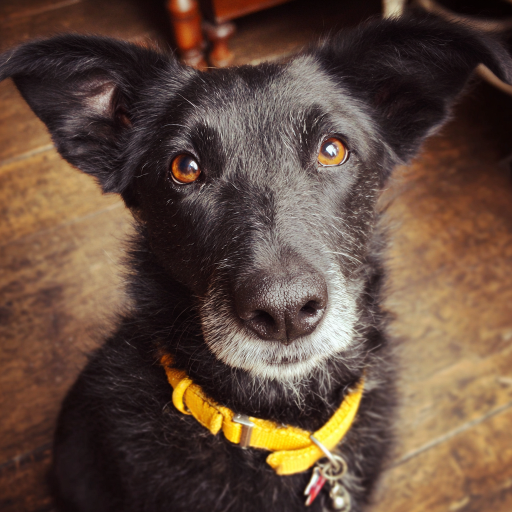 Eine Nahaufnahme eines Hundes mit einem gelben Halsband | Quelle: Midjourney