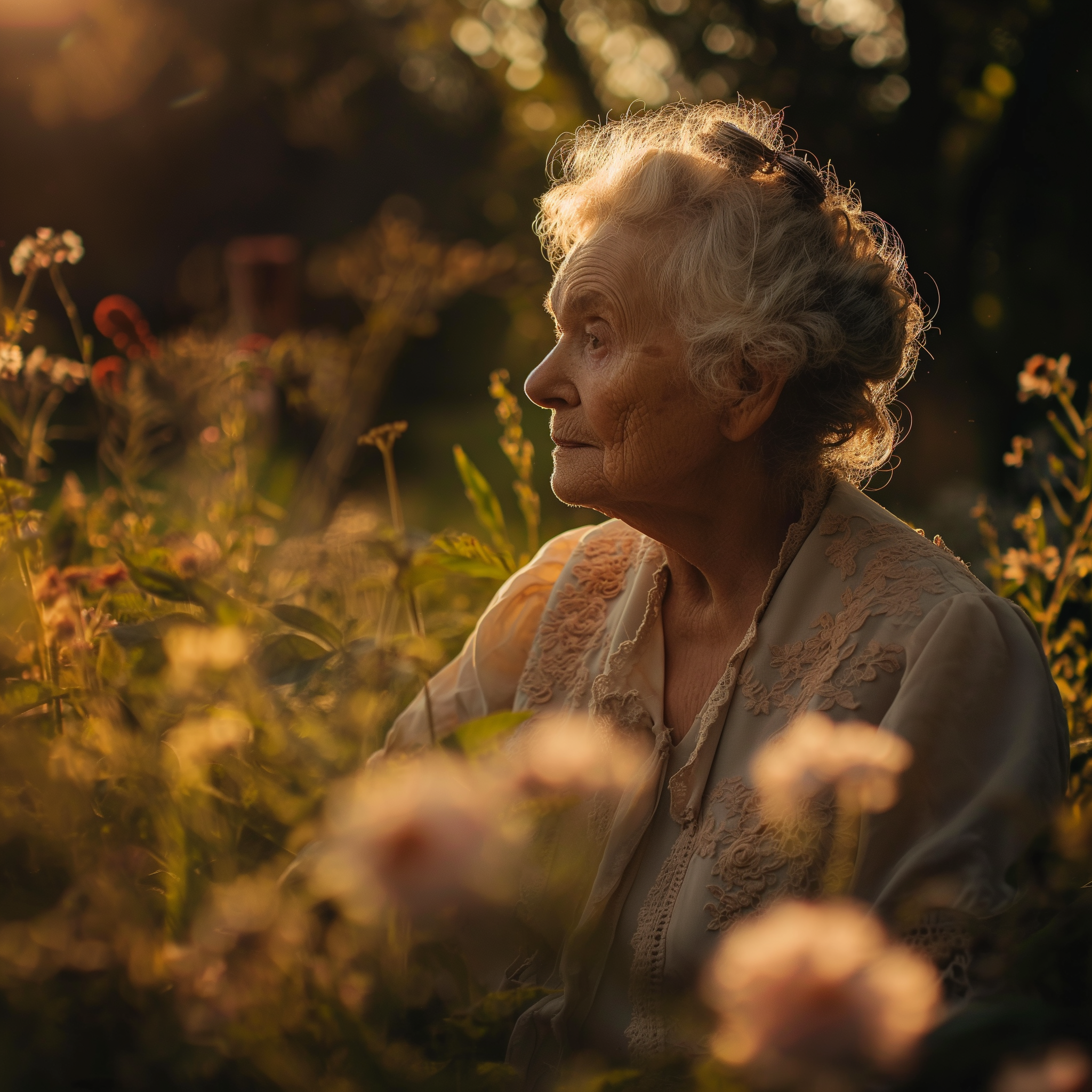 Eine alte Frau in einem Garten | Quelle: Midjourney