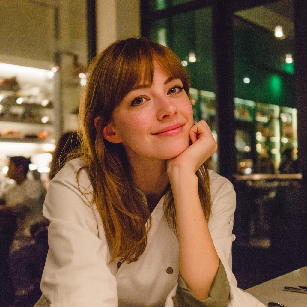 Uśmiechnięta kobieta siedząca przy stole | Źródło: Midjourney