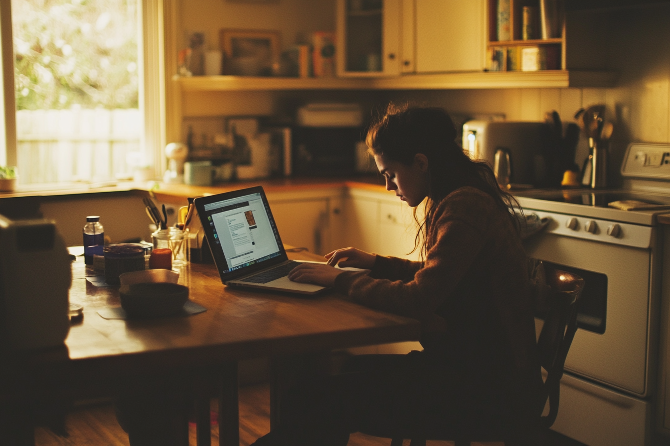 Eine angespannte Frau arbeitet an einem Laptop | Quelle: Midjourney