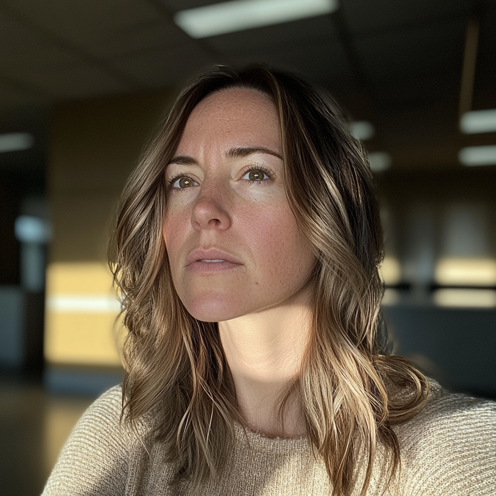 Eine emotionale Frau in einem Pausenraum bei der Arbeit | Quelle: Midjourney