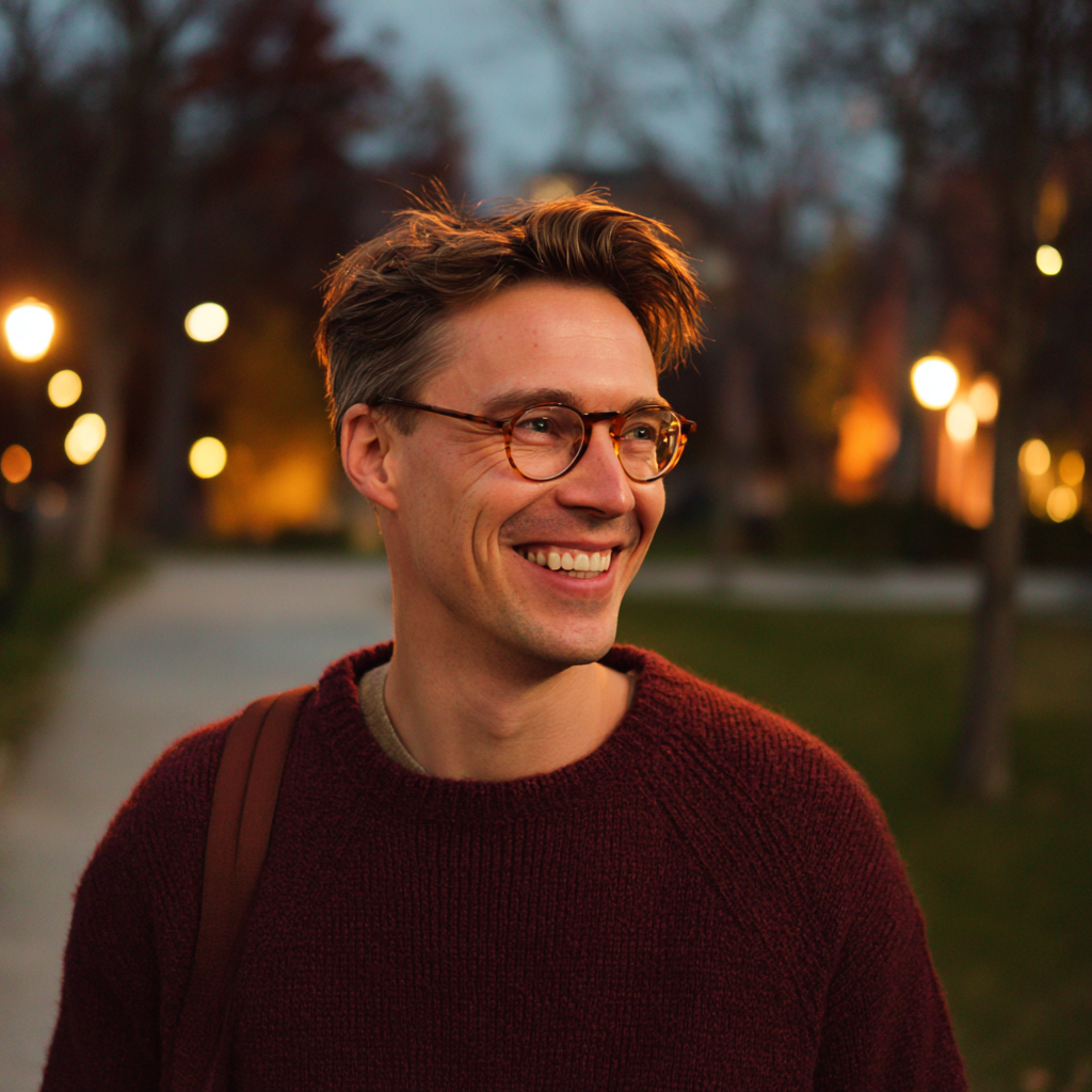 Uśmiechnięty mężczyzna spacerujący w parku | Źródło: Midjourney