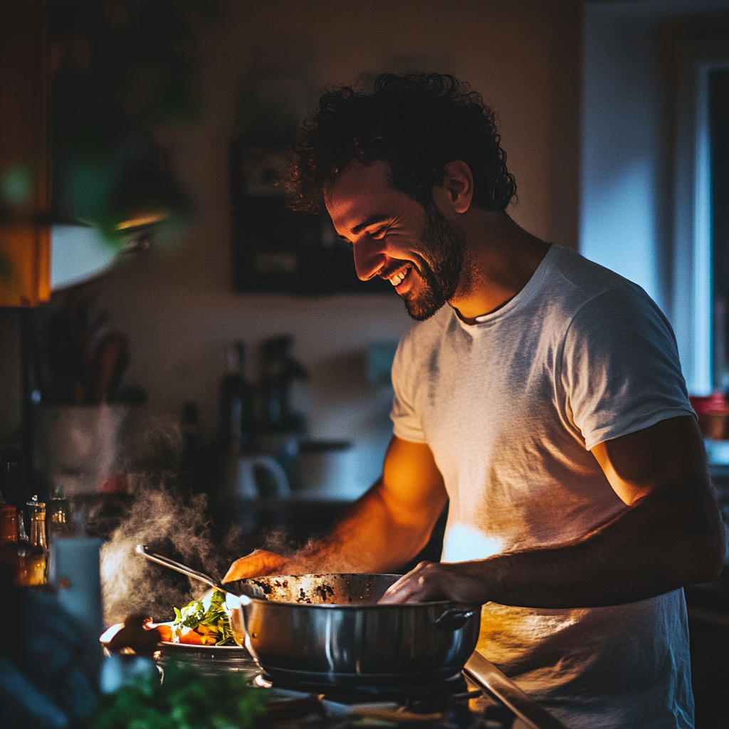 Ein lächelnder Mann beim Kochen | Quelle: Midjourney