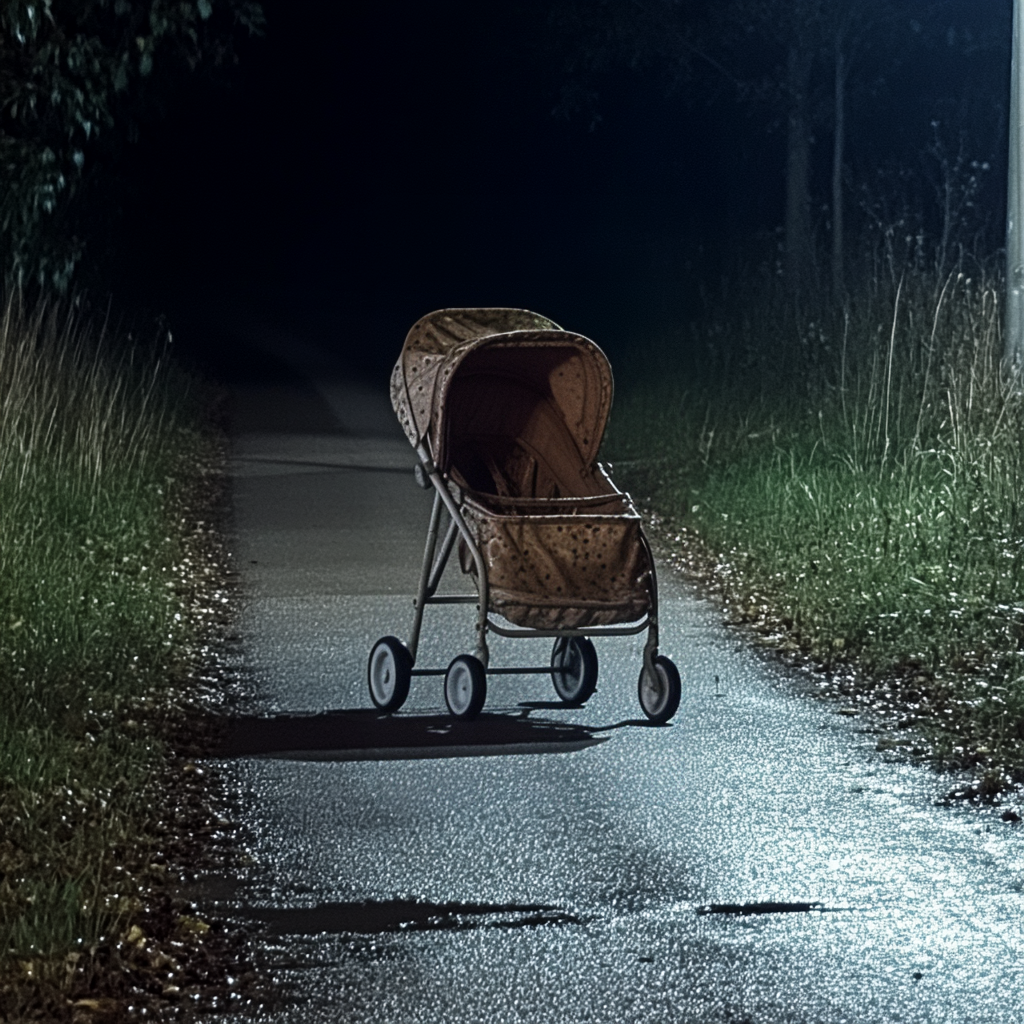 Ein verlassener Kinderwagen auf der Straße bei Nacht | Quelle: Midjourney