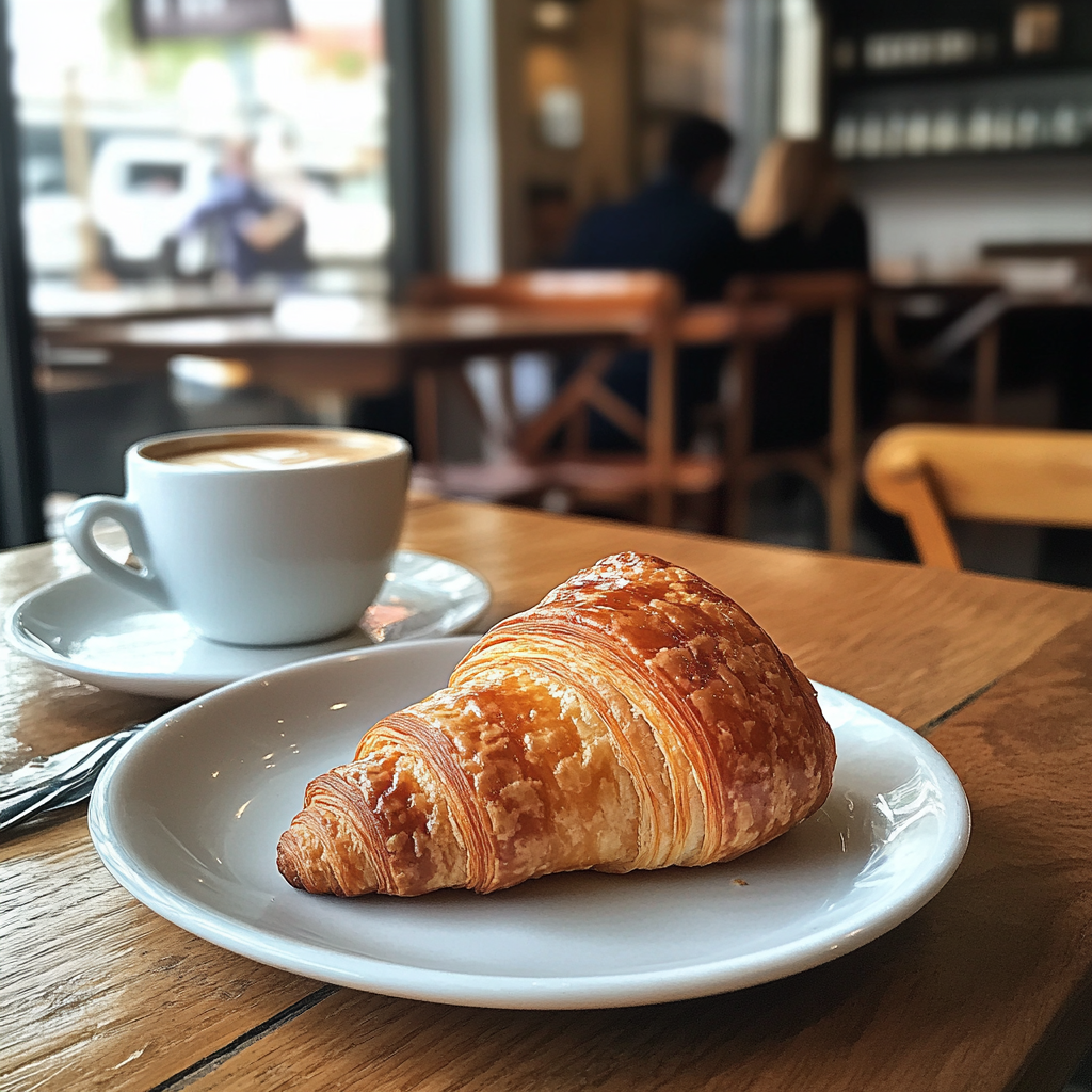 Ein Croissant und ein Kaffee in einem Coffee Shop | Quelle: Midjourney