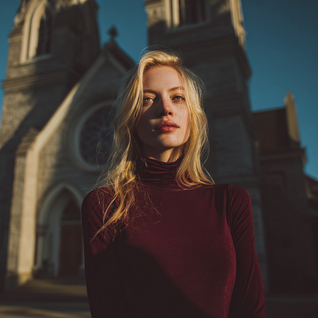 Eine müde Frau steht vor einer Kirche | Quelle: Midjourney