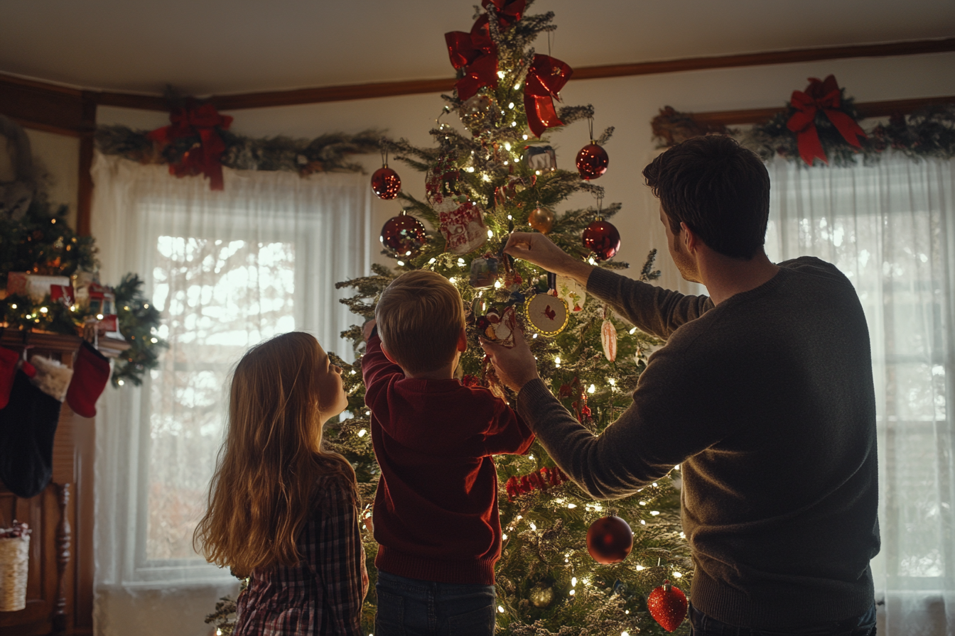 Ein Mann und zwei Kinder schmücken einen Weihnachtsbaum | Quelle: Midjourney