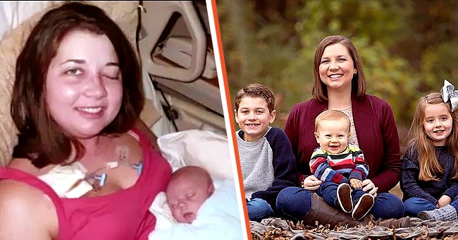 Ashley Hallford im Krankenhaus mit einem ihrer Kinder als Baby [links]; Ashley Hallford mit ihren drei Kindern [rechts]. | Quelle: Twitter.com/wbir - Facebook.com/ashley.m.hallford