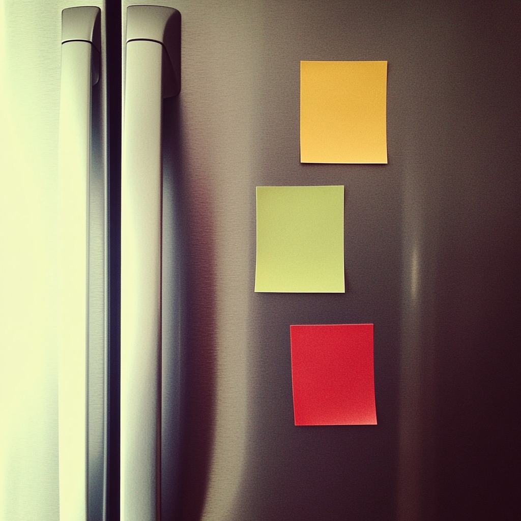 Bunte Post-it-Notizen auf einem Kühlschrank | Quelle: Midjourney