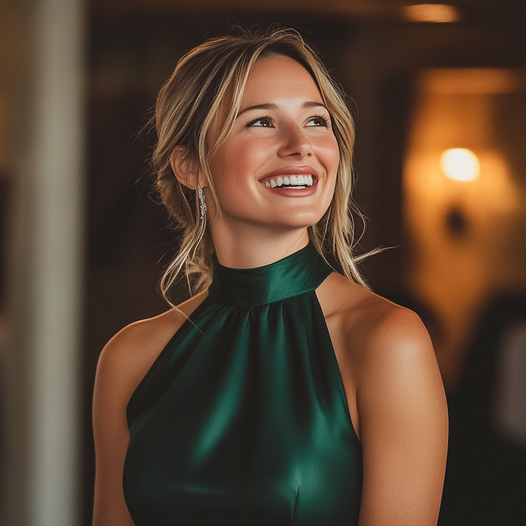 Eine schöne Frau in einem grünen Kleid | Quelle: Midjourney