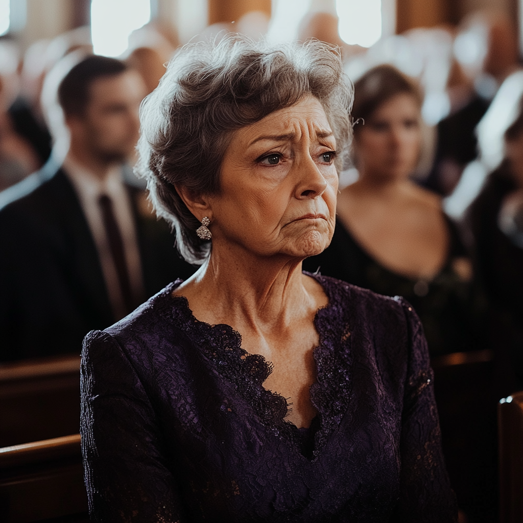 Eine verärgerte Frau sitzt in einer Kirchenbank | Quelle: Midjourney