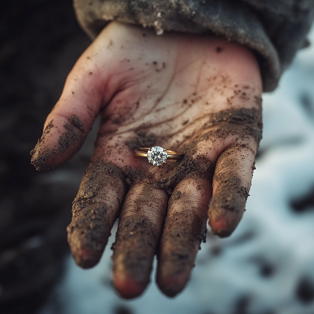 Nahaufnahme einer Frau, die einen Diamantring hält | Quelle: Midjourney