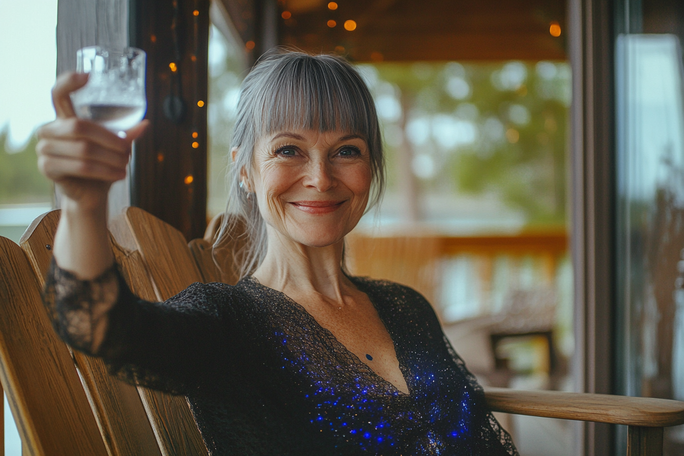 Eine Frau, die auf einer Veranda sitzt und jemanden anlächelt | Quelle: Midjourney