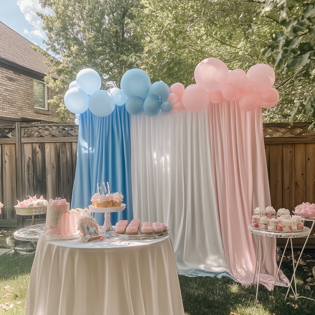 Ein Outdoor-Setup für eine Gender-Reveal-Party | Quelle: Midjourney