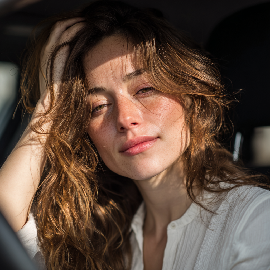 Eine emotionale Frau, die in einem Auto sitzt | Quelle: Midjourney