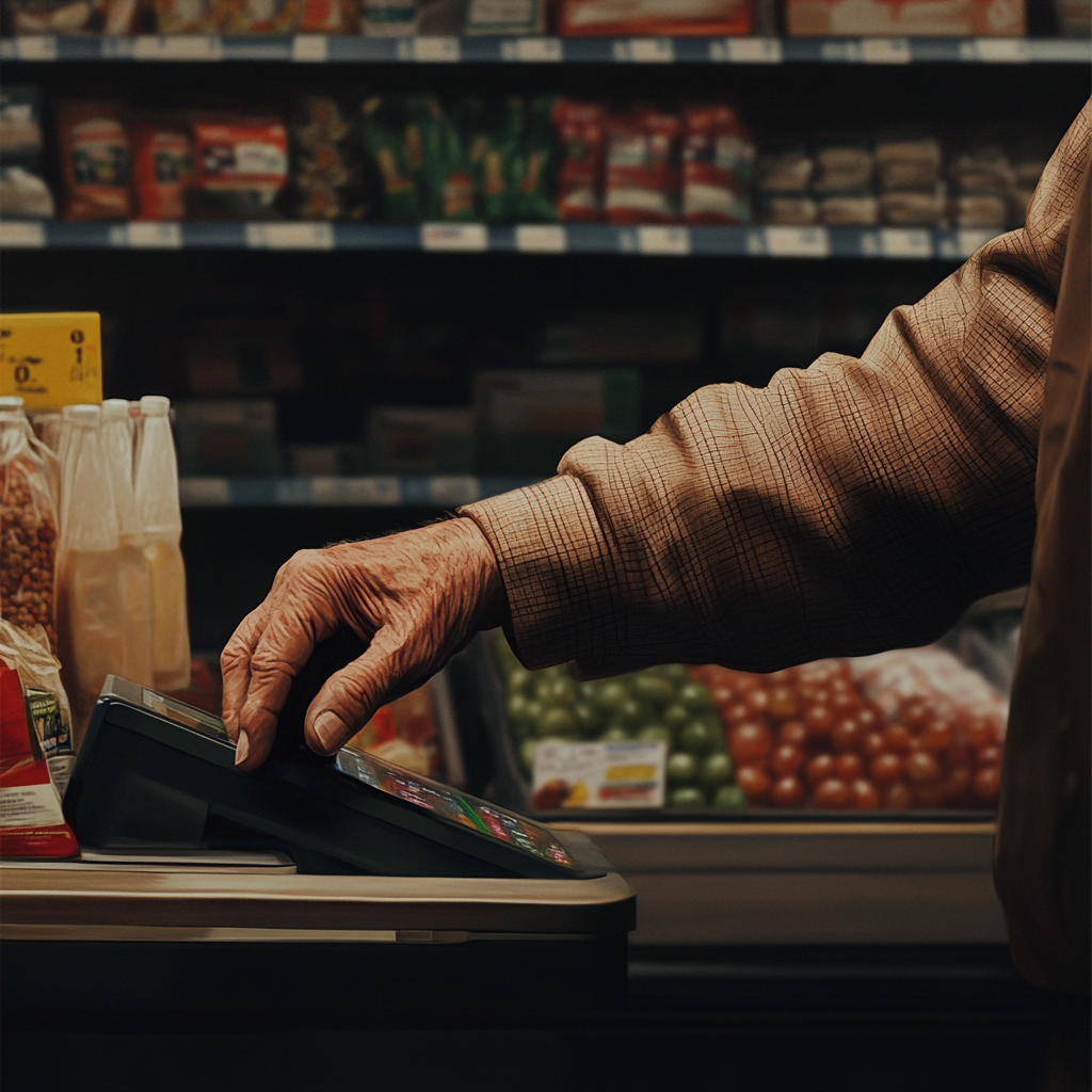 Eine Nahaufnahme eines Mannes, der in einem Supermarkt arbeitet | Quelle: Midjourney