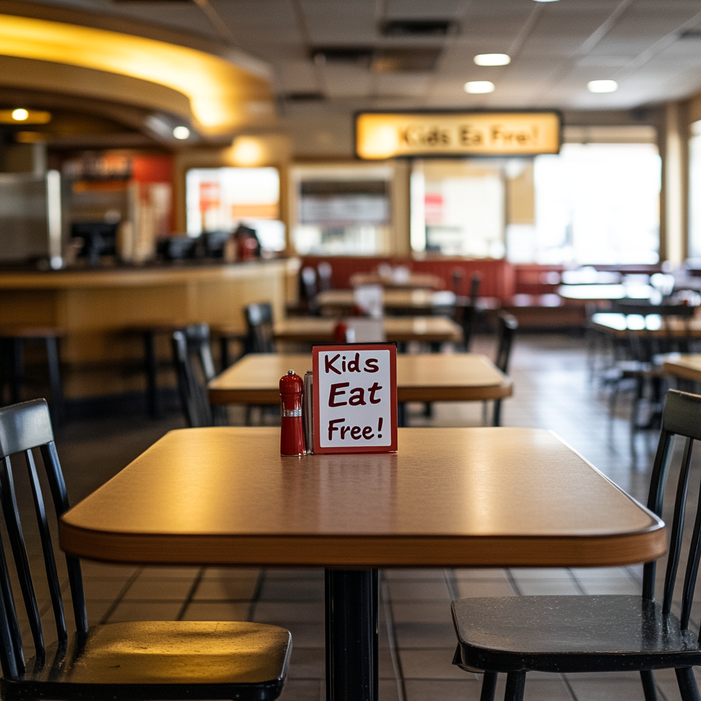 Leeres Restaurant mit dem Schild "Kids Eat Free" | Quelle: Midjourney