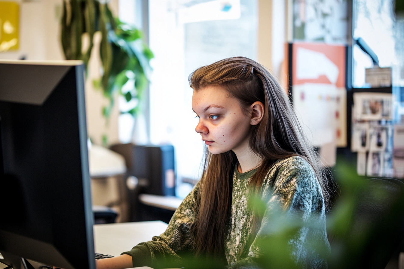 Ein Mädchen im Teenageralter arbeitet in einem Büro | Quelle: Midjourney