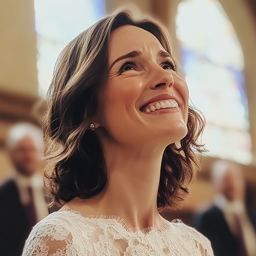 Eine emotionale Braut vor dem Altar | Quelle: Midjourney