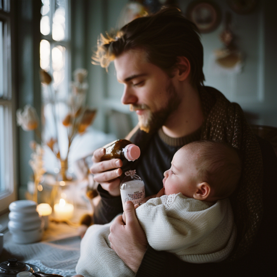 Ein Mann hält ein Baby, während er versucht, sein Fläschchen vorzubereiten | Quelle: Midjourney