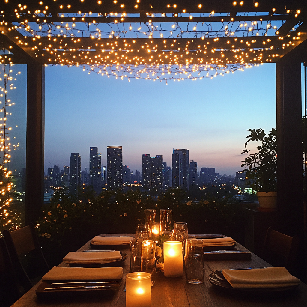 Ein Tisch in einem Dachterrassen-Restaurant | Quelle: Midjourney