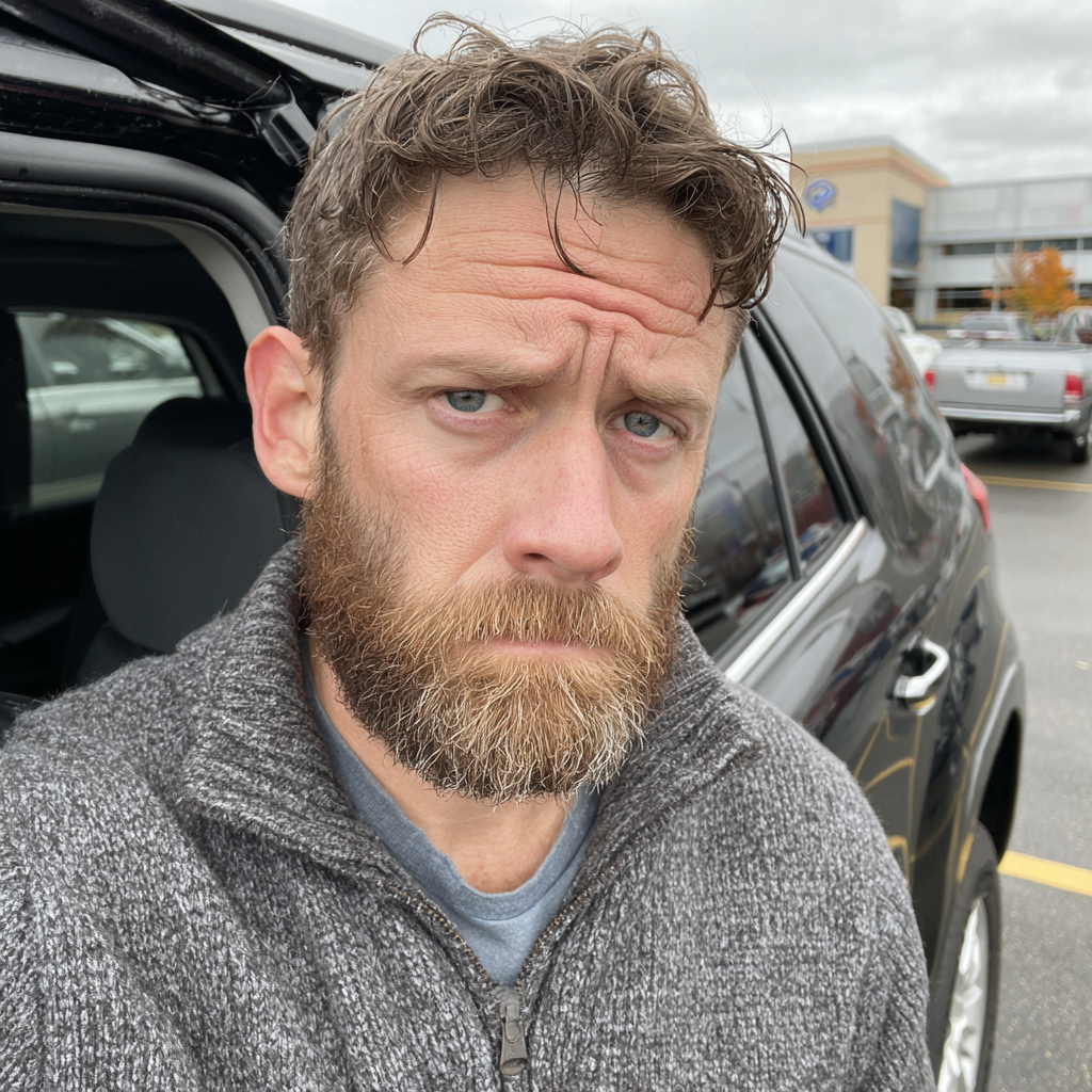 Ein frustrierter Mann steht auf einem Parkplatz | Quelle: Midjourney