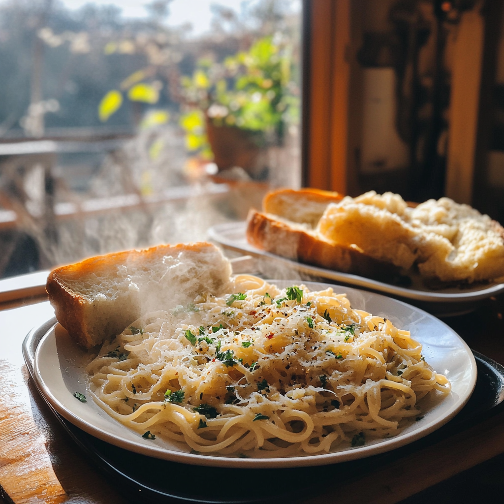 Eine Nahaufnahme von Pasta und Knoblauchbrot | Quelle: Midjourney