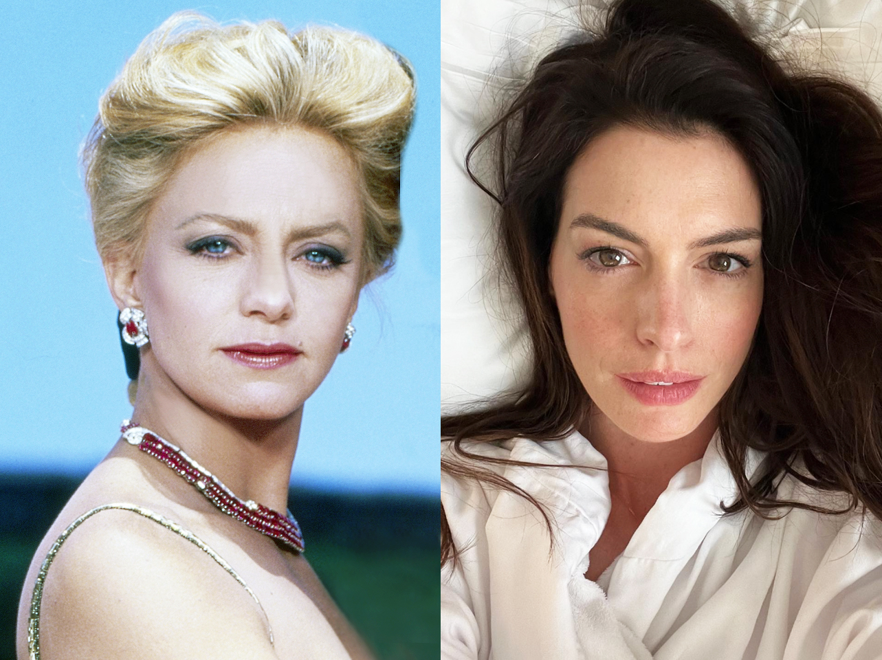 Goldie Hawn und Anne Hathaway Seite an Seite in ihren 40ern. | Quelle: Getty Images | Instagram/annehathaway