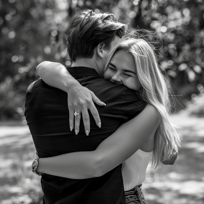 Eine Frau umarmt ihren Freund nach einem romantischen Heiratsantrag in einem Park | Quelle: Midjourney