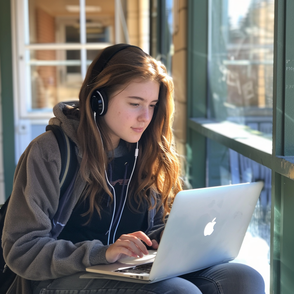 Ein Mädchen sitzt mit einem Laptop und Kopfhörern | Quelle: Midjourney