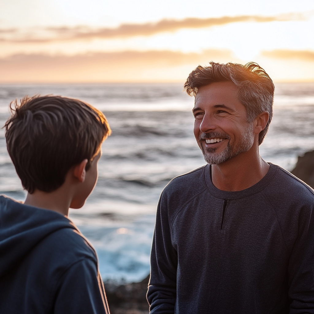 Ein Mann im Gespräch mit einem kleinen Jungen | Quelle: Midjourney