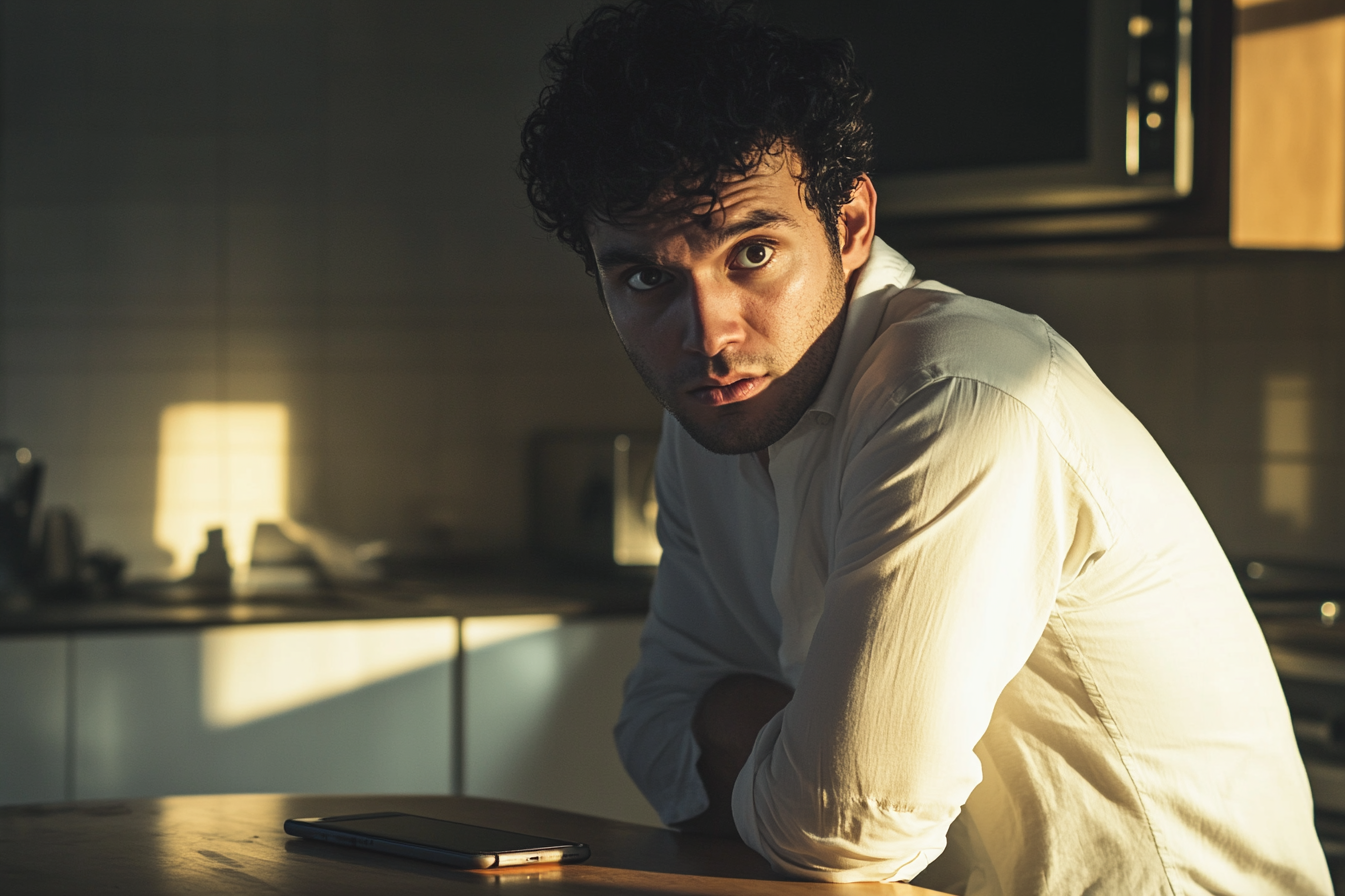 Um homem na casa dos 30 anos com um olhar suplicante está sentado à mesa da cozinha com um telefone em cima: Midjourney