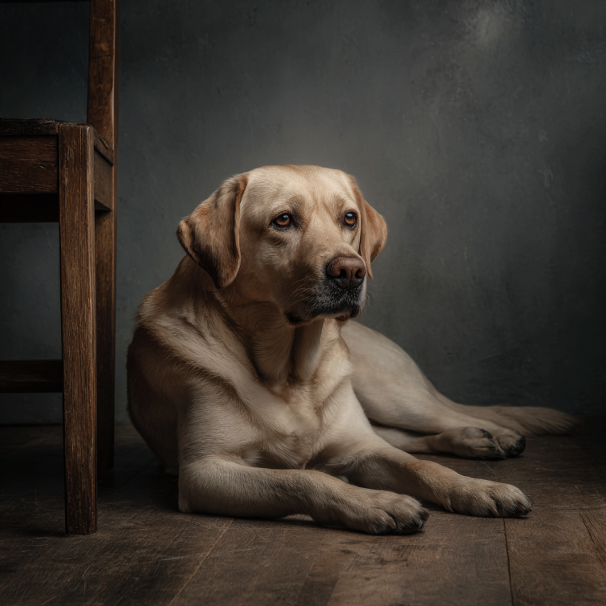 Ein Hund, der neben einem Stuhl liegt | Quelle: Midjourney