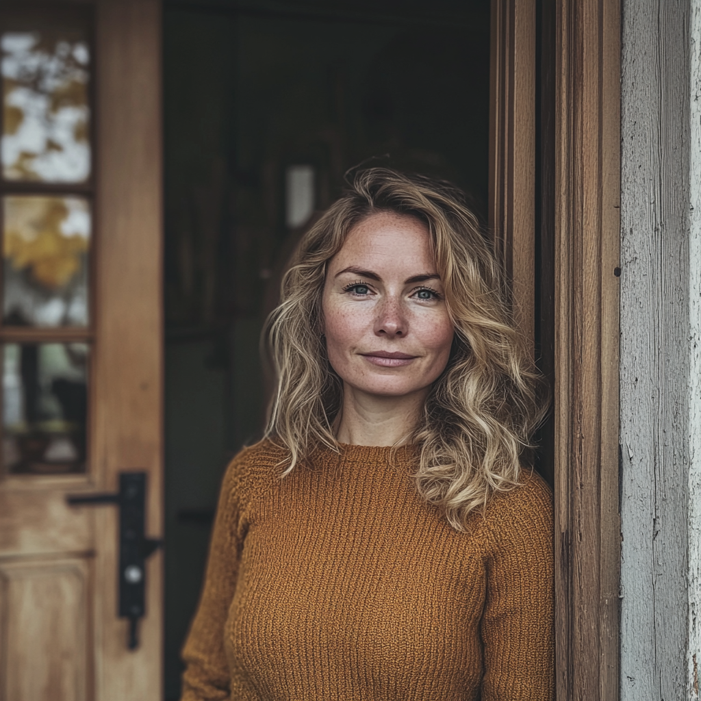 Eine lächelnde Frau, die an einer Haustür steht | Quelle: Midjourney