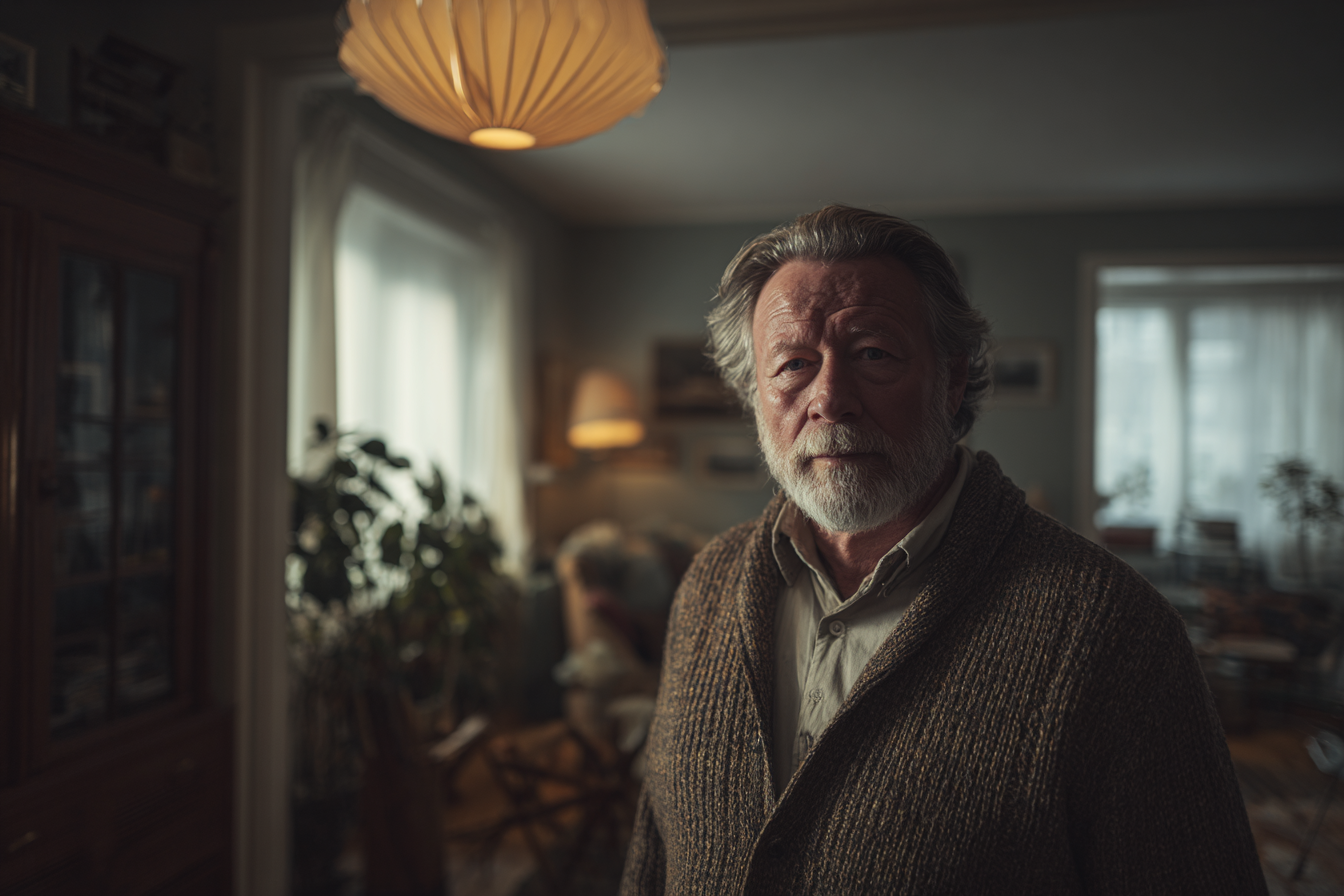 Ein älterer Mann steht in seinem Haus | Quelle: Midjourney