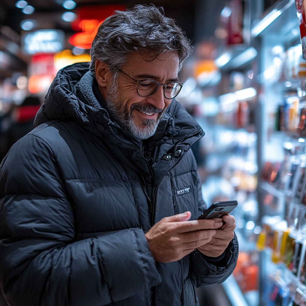 Ein glücklicher Mann mittleren Alters schaut in sein Telefon | Quelle: Midjourney