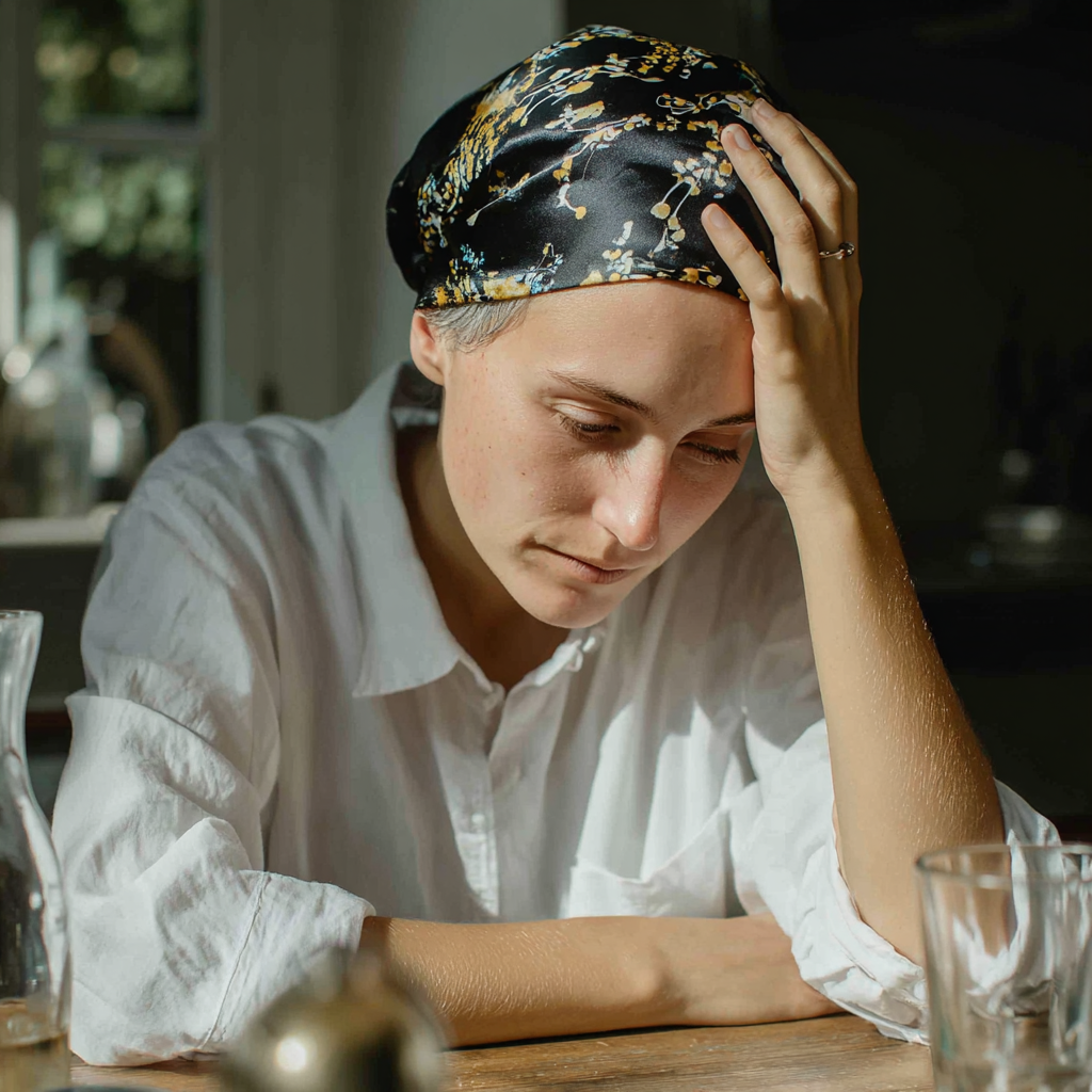 Emocjonalna kobieta siedząca przy stole | Źródło: Midjourney