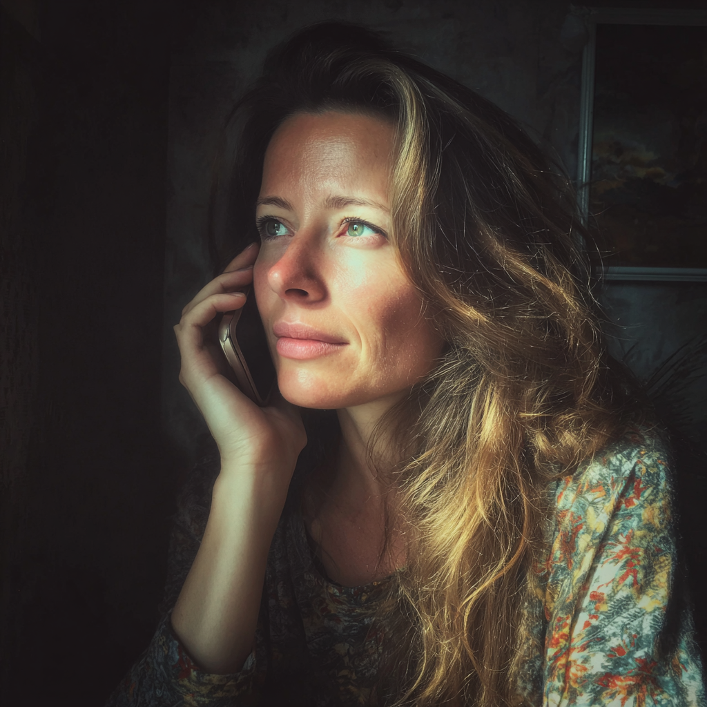 Eine nachdenkliche Frau, die am Telefon spricht | Quelle: Midjourney