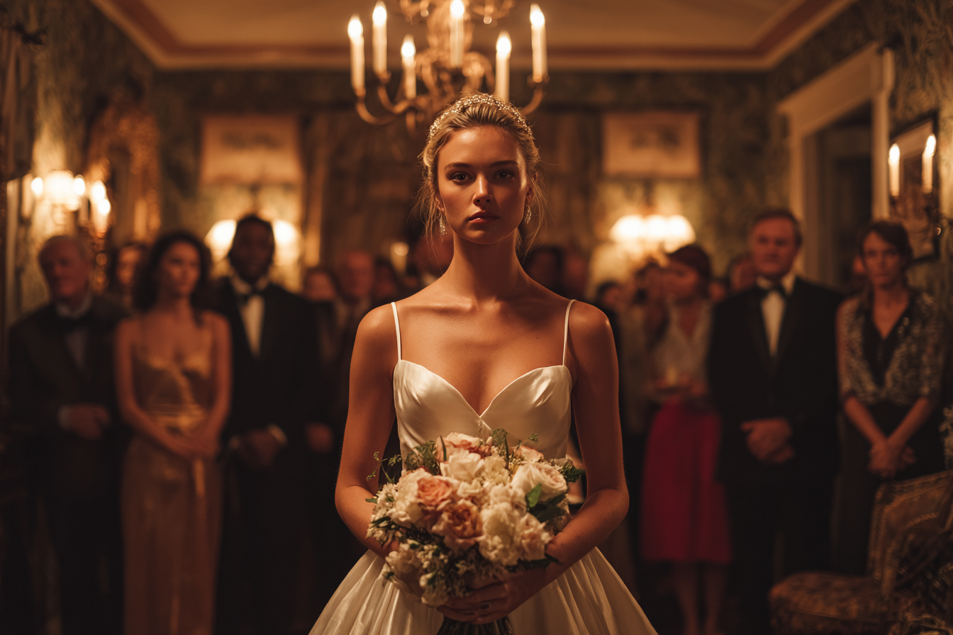 Eine Braut, die vor einer Hochzeitslocation steht | Quelle: Midjourney