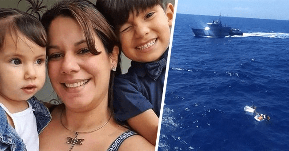 Mariely Chacón und ihre 2 Kinder [links]; Ein Schiff im Meer [rechts]. | Quelle: Twitter.com/balleralert - Twitter.com/inea_venezuela