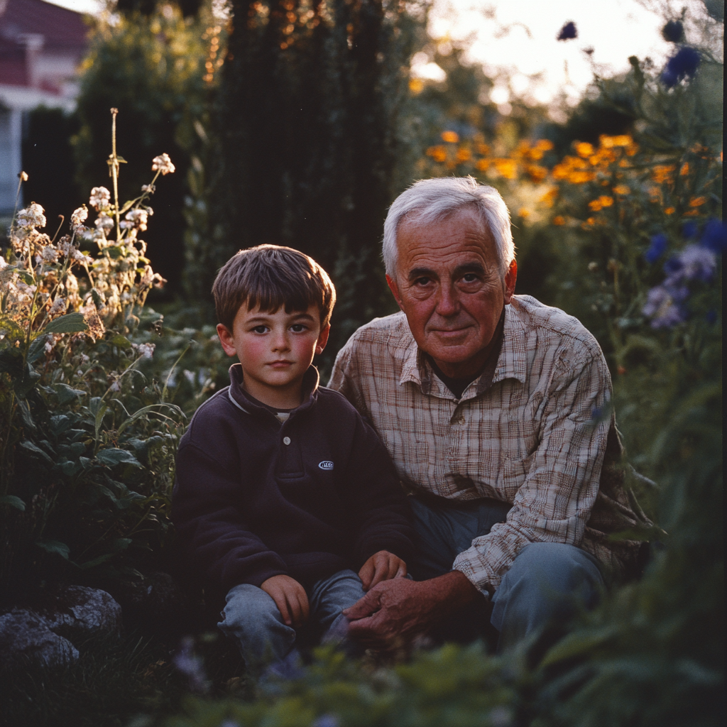 Ein Großvater und sein Enkel in seinem Garten | Quelle: Midjourney