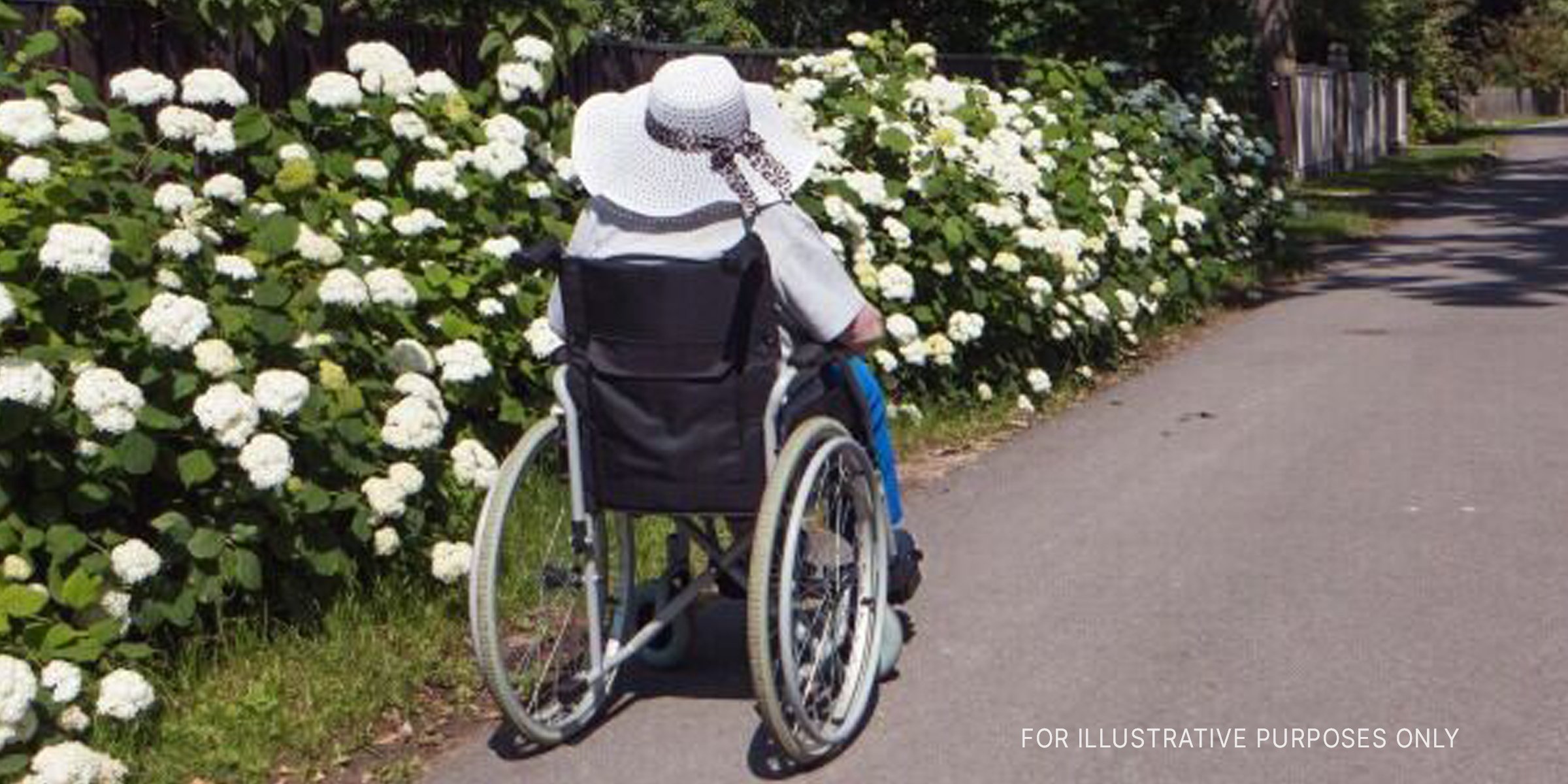 Frau im Rollstuhl vor Blumen. | Quelle: Shutterstock
