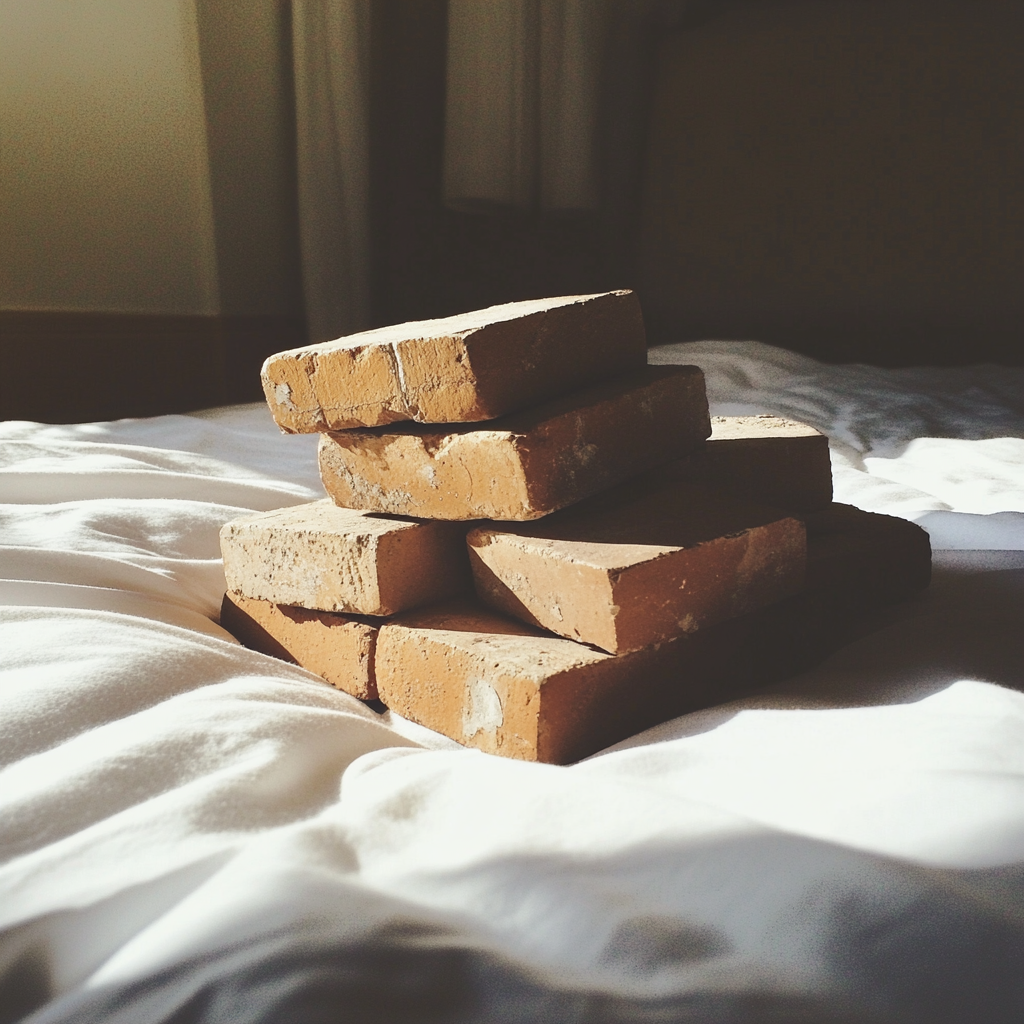 Ziegelsteine auf einem Hotelbett | Quelle: Midjourney