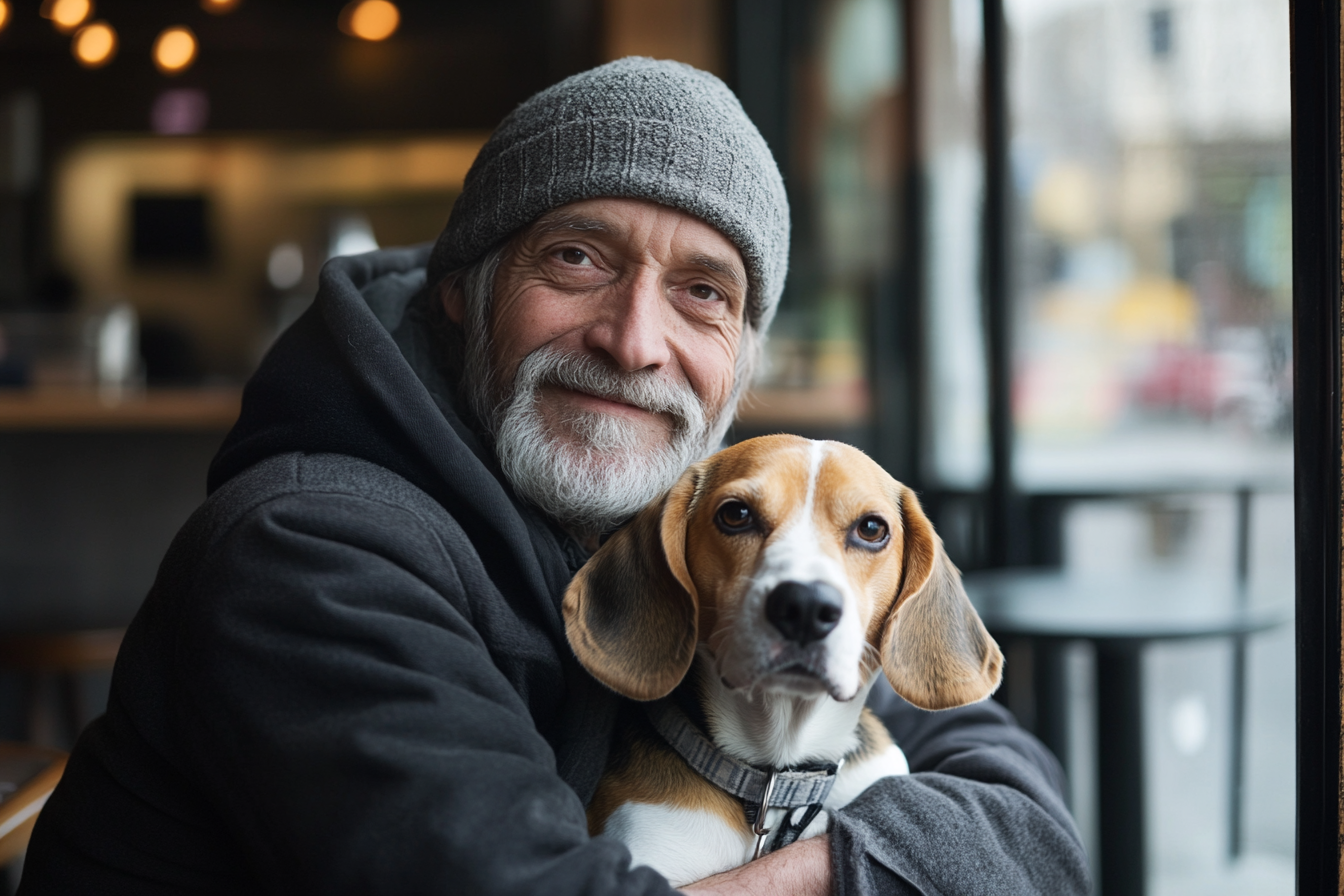 Ein obdachloser Mann, der einen Hund in einem Café umarmt und lächelt | Quelle: Midjourney