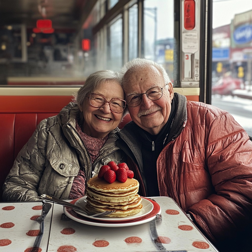 Ein älteres Paar sitzt an einem Tisch in einem Diner | Quelle: Midjourney