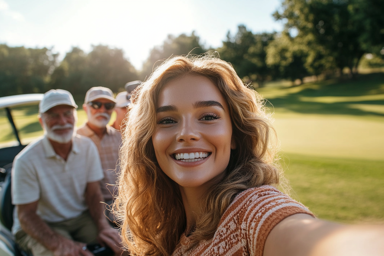 Eine Frau macht Selfies auf einem Golfplatz | Quelle: Midjourney